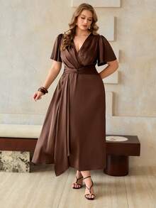 Roveilla Women's Spring/Summer Elegant Delicate Acetate Single-Sided Linen Music Festival Office Commute Casual Vacation Afternoon Tea Party Romantic High-End Sexy Shirred Ruched Waist Twist Knot A-Line Coffee Brown Long Dress - Coffee Brown - View 7