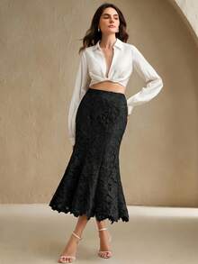 Anewsta Women's Fashionable And Elegant Patchwork Design Hollow-Out Lace Skirt - Black - View 4