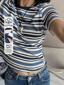Livesso 女士蓝色条纹休闲圆领T恤，夏秋季短款上衣 - 藍色 - 查看 1