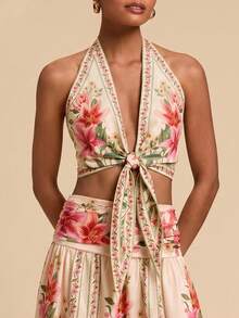 Travachic Conjunto de 2 piezas elegante de top halter con estampado floral y minifalda para mujer - Rosa - Ver 3