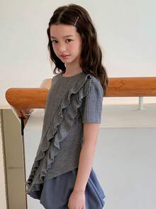 Dazy Kids Bộ áo thun cổ tròn thiết kế bất đối xứng dành cho bé gái (cỡ lớn). - Xám - Xem 4