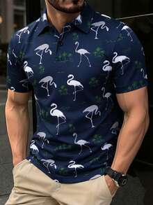Manfinity Homme Kemeja Polo Pria Kasual untuk Liburan dengan Motif Pohon Kelapa & Flamingo - Navy Blue - View 5