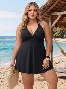SHEIN CURVE+ Conjunto de tankini de talla grande 2026 con textura acanalada negra de cuello en V, adecuado para vacaciones en la playa, primavera/verano - Negro - Ver 3