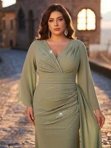 Aureia 大码优雅奢华绿色V领喇叭袖水钻褶皱修身鱼尾连衣裙，适合各种场合，包括正式晚礼服 - 綠色 - 查看 6