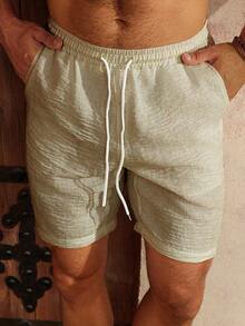 Genlund Pantalones cortos de verano casuales de unicolor con textura de gasa para hombres, vacaciones - Caqui - Ver 3