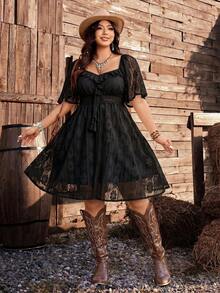Ceyna Plus Size Women Lace Patchwork Ruffle Fashion Party Dress - Black - View 3