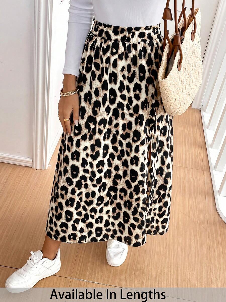 SHEIN PETITE CURVE 大码豹纹开衩下摆休闲半身裙 - 彩色 - 查看 1