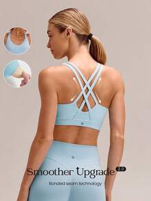 GLOWMODE FeatherFit™ Sujetador activo de cuello de escote y espalda cruzada, con copas desmontables, de bajo impacto, apto para yoga, pilates, estudio y uso diario casual - Celeste - Ver 1