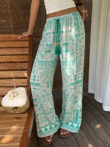 Sunnyshic Quần ống rộng cạp thấp, chất liệu họa tiết Paisley phong cách Bohemian, phối tua rua, thích hợp cho nữ mặc đi nghỉ mát và hàng ngày, phù hợp cho mùa xuân/hè. - màu xanh lá - Xem 6