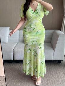 Vibekara 大码优雅印花美人鱼连衣裙 - 綠色 - 查看 1