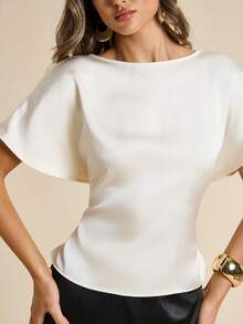 SHEIN BAE Women's Satin Batwing Sleeve Ruched Elegant Blouse,Summer Top - White - View 6