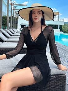 DAZY Solid Halter One Piece Swimsuit Summer Sheer,Beach Women Outfits Vacation - Black - View 5
