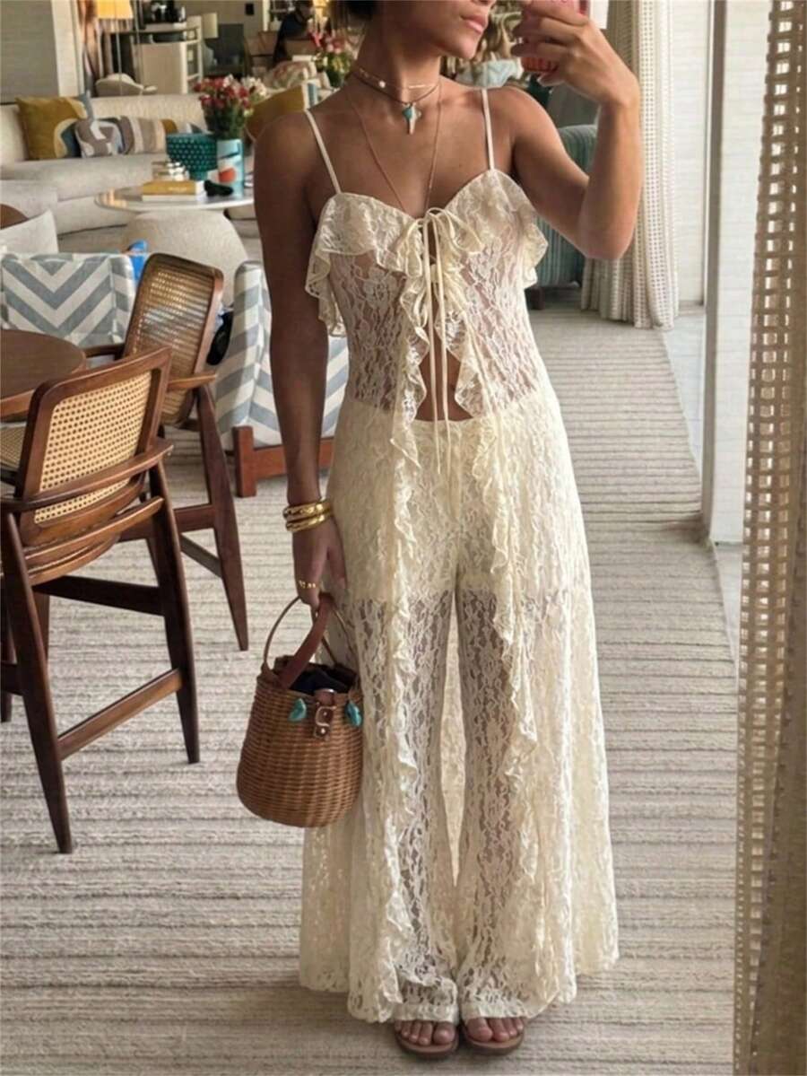Aloruh Áo kiểu nữ gợi cảm phong cách Bohemian màu trắng mỏng, dáng dài, thích hợp cho các lễ hội âm nhạc. - Màu be - Xem 1
