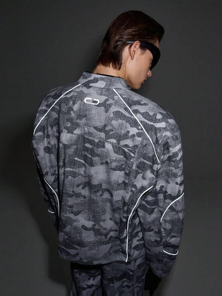 Men's Loose Fit Letter Print Street Woven Jacket, Long Sleeve, For Fall Winter