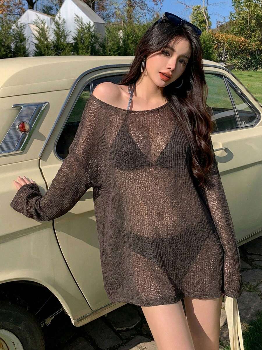 DAZY Women's Solid Color Batwing Loose Cover Up Beach Vacation - Coffee Brown - View 1