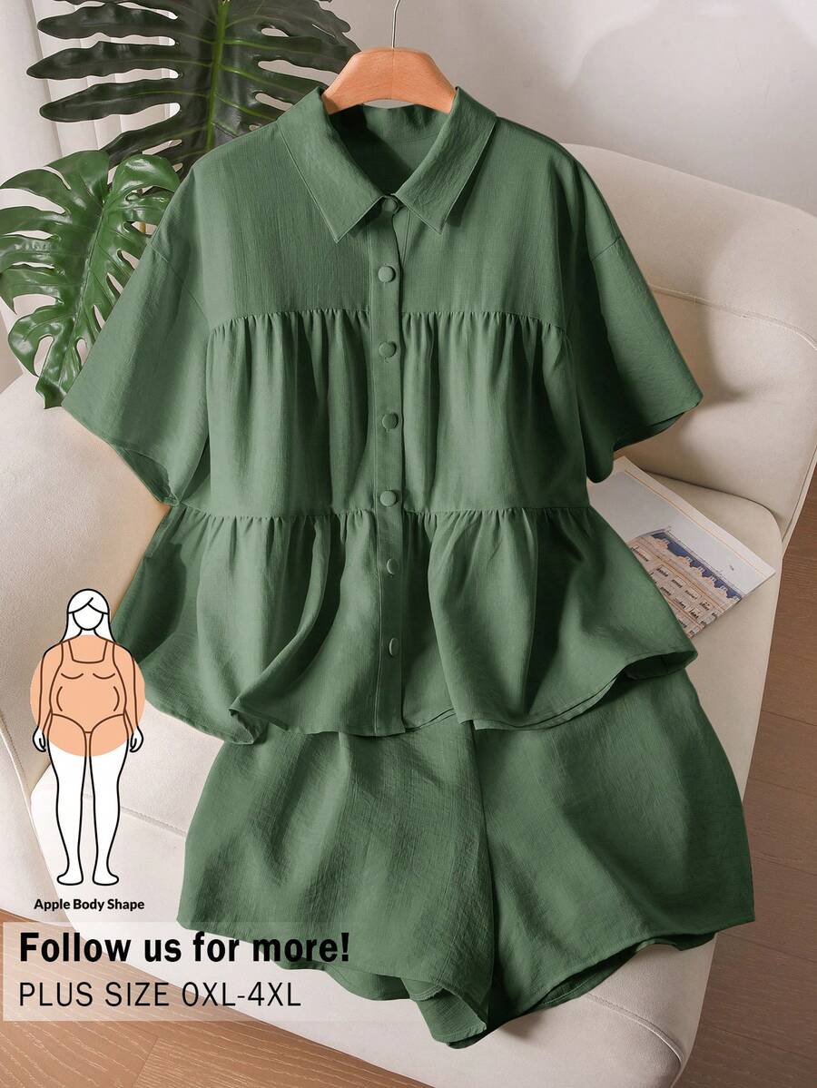 CosyJoli 大码女式春夏宽松衬衫短裤休闲度假套装 - 墨綠色 - 查看 1