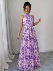 SHEIN Elenzya Đầm chữ A thanh lịch, lãng mạn, cổ bèo nhún họa tiết hoa nhí, eo xếp ly, thích hợp cho phụ nữ đi nghỉ mát, phù hợp cho kỳ nghỉ. - Nhiều màu - Xem 3
