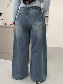 Dazy Plus Plus Size Distressed Washed Wide Leg Long Denim Jeans - Dark Wash - View 2