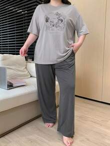 Dazy Plus Plus Size Graphic Print Loose Fit Short Sleeve Top And Elastic Waist Pants Pajama Set Summer - Grey - View 3