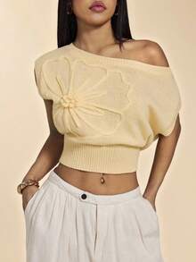 SHEIN PETITE 女士休闲纯色斜肩针织上衣，适合度假、夏季假期、春假、派对、海滩、春季、情人节、热带度假、波西米亚风、伊比沙岛风、西式风格等场合。 - 黃色 - 查看 4
