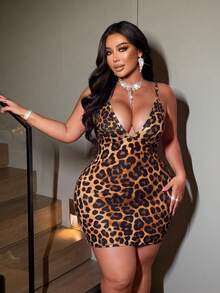 NU&NOW Plus Size Deep V-Neck Sleeveless Spaghetti Strap Leopard Print Bodycon Mini Dress, Sexy Clubwear For Daily, Party, Date - Multicolor - View 5