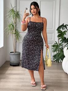 SHEIN EZwear 大码女式夏季碎花开衩休闲吊带裙 - 彩色 - 查看 2