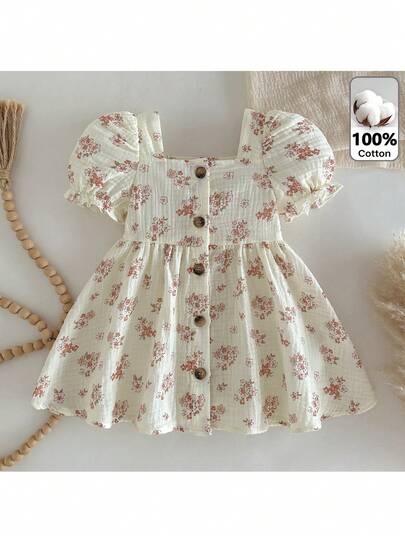 Loomiva Baby Girl Floral Print Square Neck Petal Sleeve Cinched Waist Dress