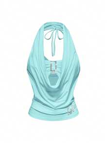 ROMWE J-Fashion Y2K Retro Ruched Waist Plunging Neck 2 In 1 Women Tank Top - Baby Blue - View 5