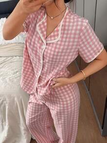 Napfluff 2pcs Pink Plaid Print Shirt & Pants Women Pajama Set - Pink - View 3
