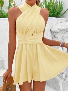 Breezaya Women's Casual Solid Color Halter Jumpsuit, Summer - Yellow - View 4