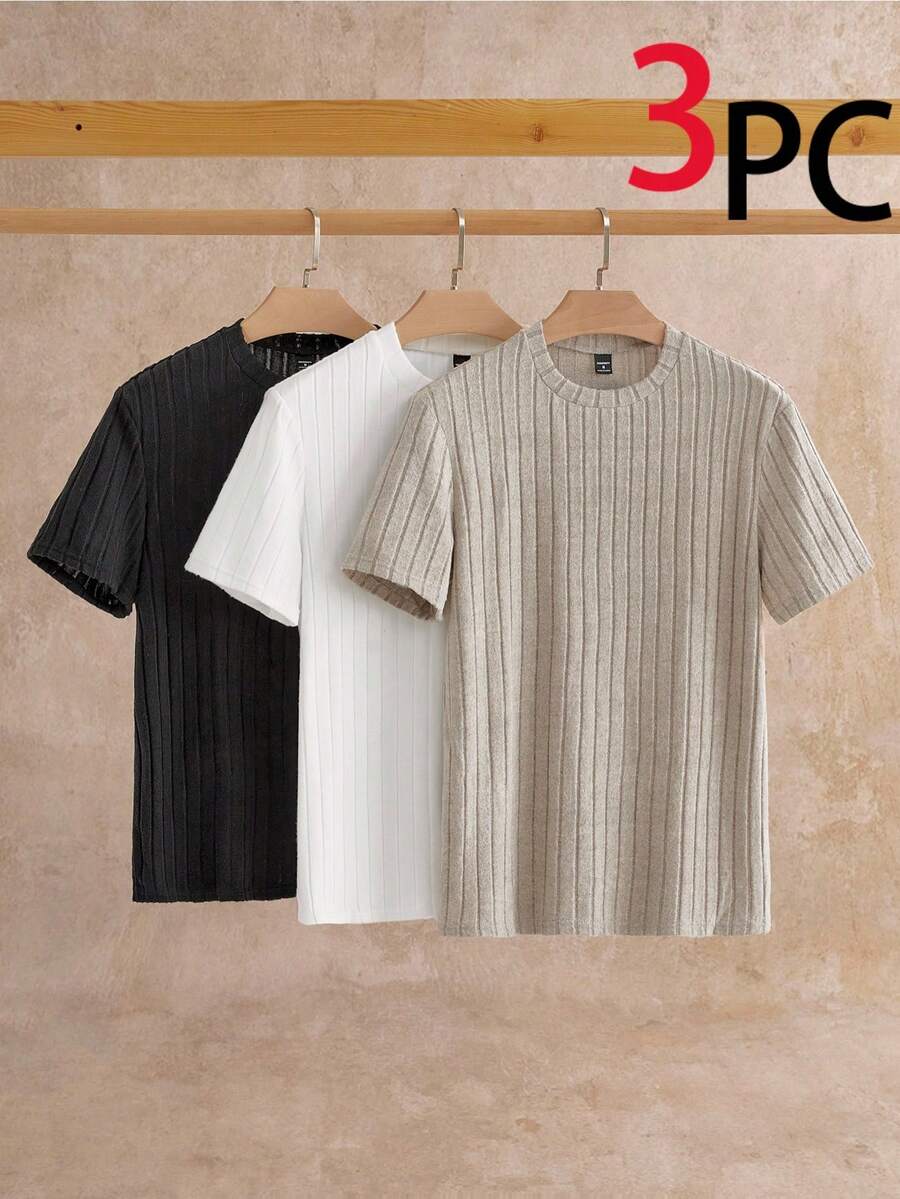 Manfinity VCAY Plus Size Men's Casual Solid Color Ribbed Crew Neck Short Sleeve T-Shirt, Summer - Multicolor - View 1