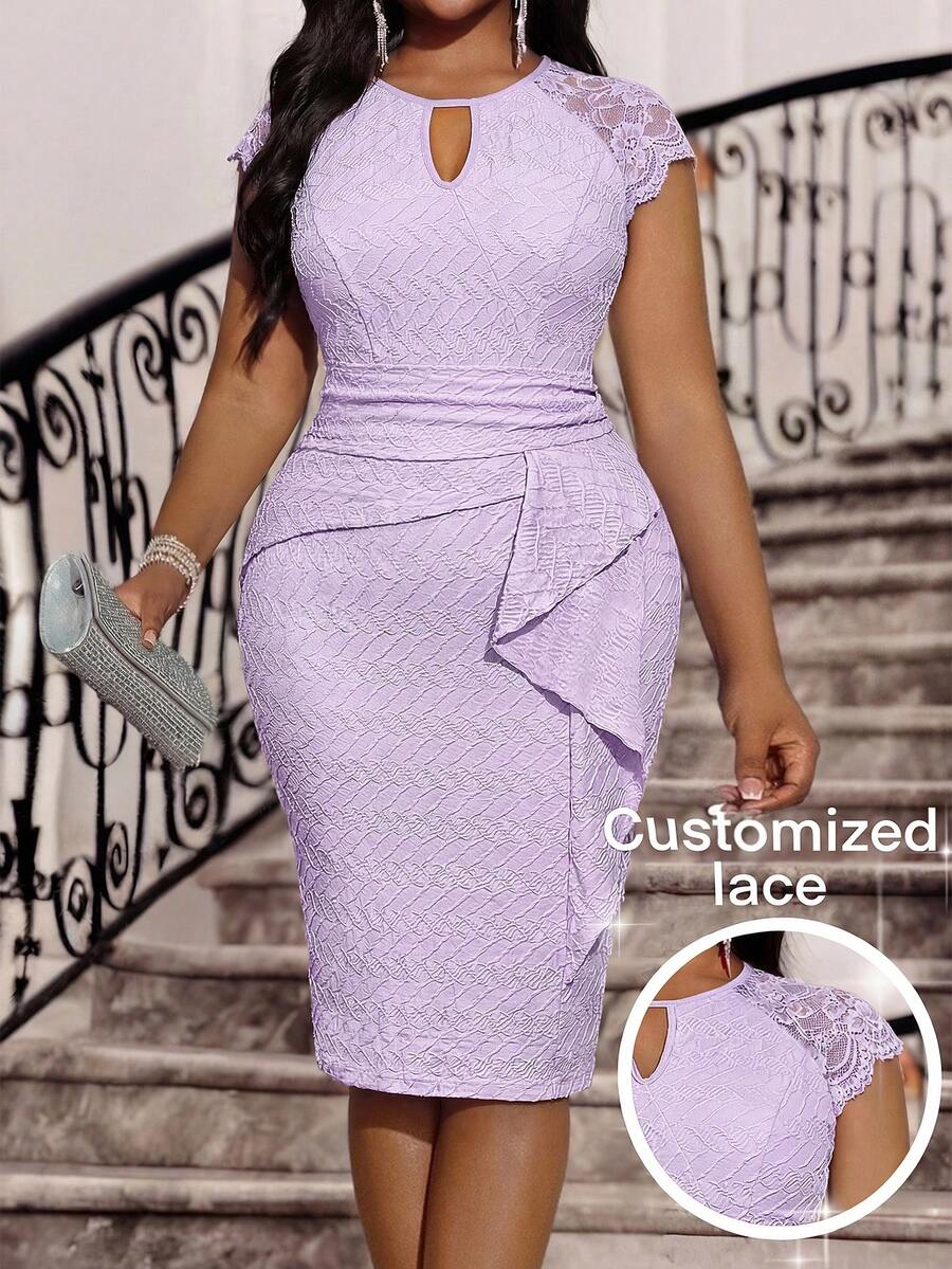 Fleurora Elegant Lavender Plus Size Women's Midi Dress With Lace Detail And Keyhole Neckline Perfect For Office Or Special Occasions Purple Dress Elegant Dresses For Women Wedding Guest Dress Festival Outfits For Women - Mauve Purple - View 1