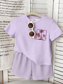 Bộ áo thun ngắn tay và quần short kẻ sọc in hình cây cọ nhiệt đới dành cho bé gái, thích hợp mặc đi biển, nghỉ mát hoặc đi làm hàng ngày. - Nhiều màu - Xem 3