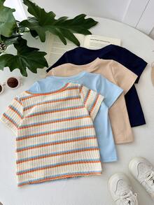 LMoss Kids Bộ 4 áo thun dệt kim cổ tròn ôm dáng, màu trơn kẻ sọc cho bé trai, kiểu dáng thường ngày. - Nhiều màu - Xem 2