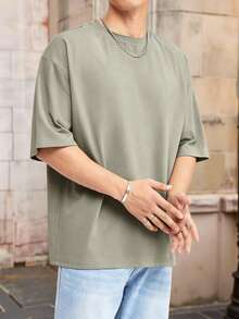 Manfinity VCAY Camiseta holgada de hombre de un solo color con hombros caídos - Verde Oliva - Ver 1