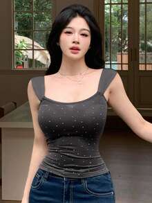Joudiya Áo thun nữ chấm bi, xếp ly, dáng ôm, thích hợp mặc hàng ngày. - Màu xám đen - Xem 10