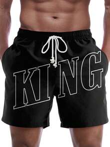 EASEVO Plus Size Men's Letter Print Drawstring Waist Pocket Shorts - Black - View 1