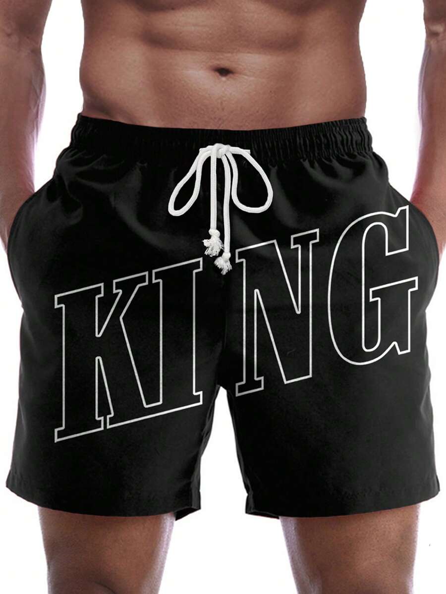 EASEVO Plus Size Men's Letter Print Drawstring Waist Pocket Shorts - Black - View 1