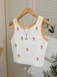 Resyla Tank Top Wanita Bordir Bunga Daisy, Camisole Modis dengan Hiasan Kerang - Putih - View 3
