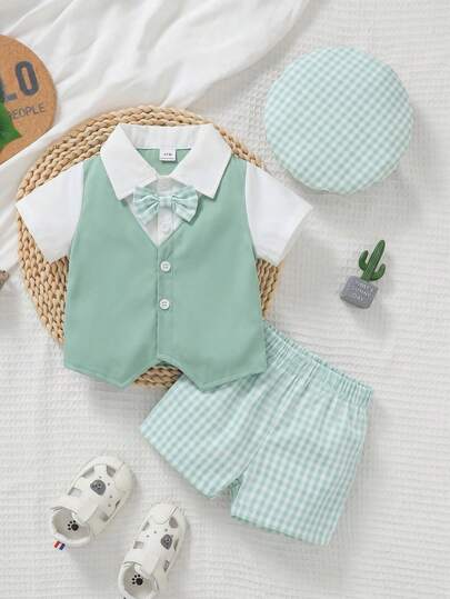 Souflis Souflis Conjunto casual de niño pequeño de 0 a 3 años con estilo preppy de caballero, con camisa de manga corta a cuadros, corbata de moño y sombrero, adecuado para fiestas, salidas y vacaciones informales