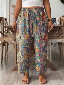 SHEIN VCAY Plus Size Women Loose Casual Boho Pants With Tie Waist And Frill Trim Vacation Royal Blue Autumn Fall Vacation Beach - Multicolor - View 7