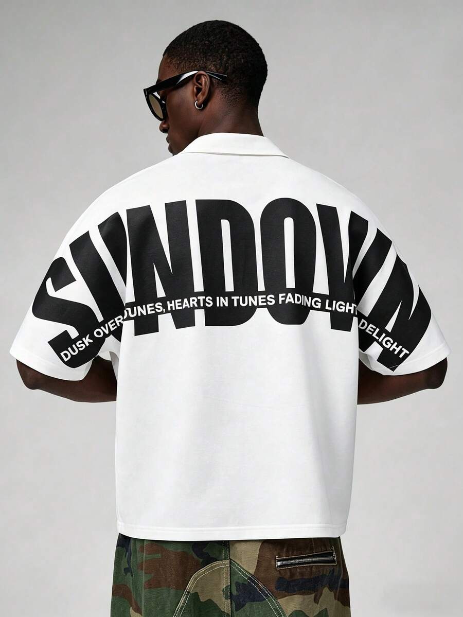 STYNVO 男士休闲时尚街头标语印花蝙蝠袖宽松衬衫,适合夏季日常通勤 - 白色 - 查看 1