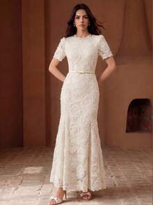 Anewsta Neu Ankunft Damen modisches figurbetontes Kleid mit Spitze, Blumenmuster, Spitzenbesatz, Perlendekor, Rundhalsausschnitt, Kurzarm, Fischschwanz-Silhouette mit Gürtel, elegant für Party, Hochzeit, Sommerurlaub - Aprikosenfarben - Übersicht 4