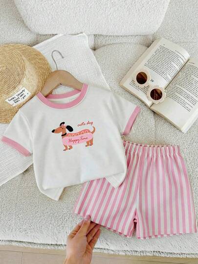 Conjunto de 2 piezas de niña con estampado de cachorro, de manga corta y pantalones cortos, estilo casual minimalista, adecuado para el verano