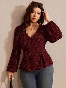 Elaquor Plus Size Women Polka Dot & Contrast Lace V-Neck Blouse Fall - Red - View 6