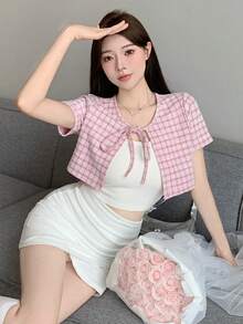 Joudiya Plaid Print Tie Front Crop Tee - Pink - View 3