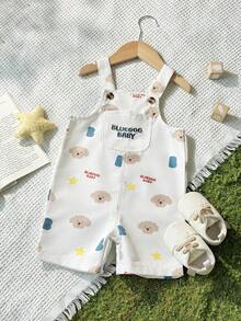 SHEIN Playful Pals 男婴夏季米色可爱卡通小狗和星星字母印花背带短裤，宽松版型，适合日常外出、家庭聚会、户外玩耍和拍照。 - 卡其色 - 查看 3