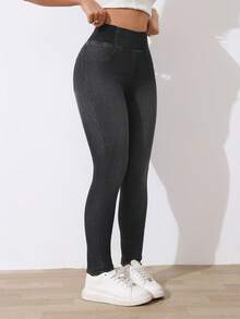 SHEIN Tall 女款 2 件組高腰彈性緊身牛仔褲，休閒夏季日常穿搭，針織牛仔彈性緊身褲套裝，適合高個子女性 - 中等水洗藍 - 查看 9