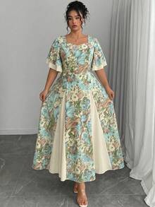 Modelyn Gaun Midi Motif Bunga Biru Ukuran Plus, Gaun A-Line Leher Persegi Elegan dengan Lengan Mengembang & Panel Beige, Gaun Lembut dan Anggun untuk Tamu Pernikahan, - MultiWarna - View 6