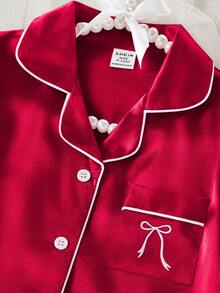 Baby Girls' Colorful Ruffle Trim Bow Embroidery Short Sleeve Top And Pants 2Pcs Pajama Set, Spring/Summer - Red - View 6